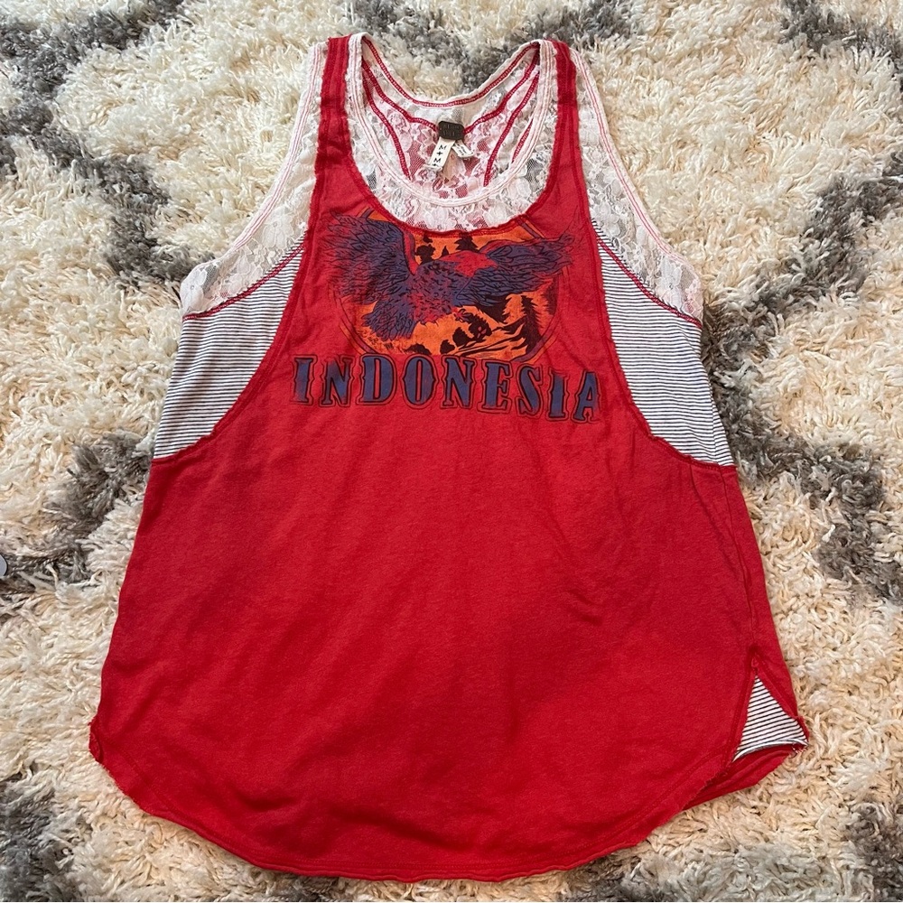 Free People Red Indonesia Graphic Tank Top